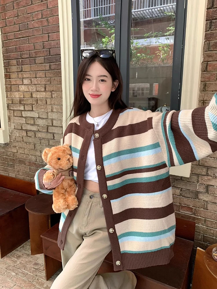复古条纹针织衫上衣撞色圆领开衫外套INS慵懒风休闲宽松百搭INS