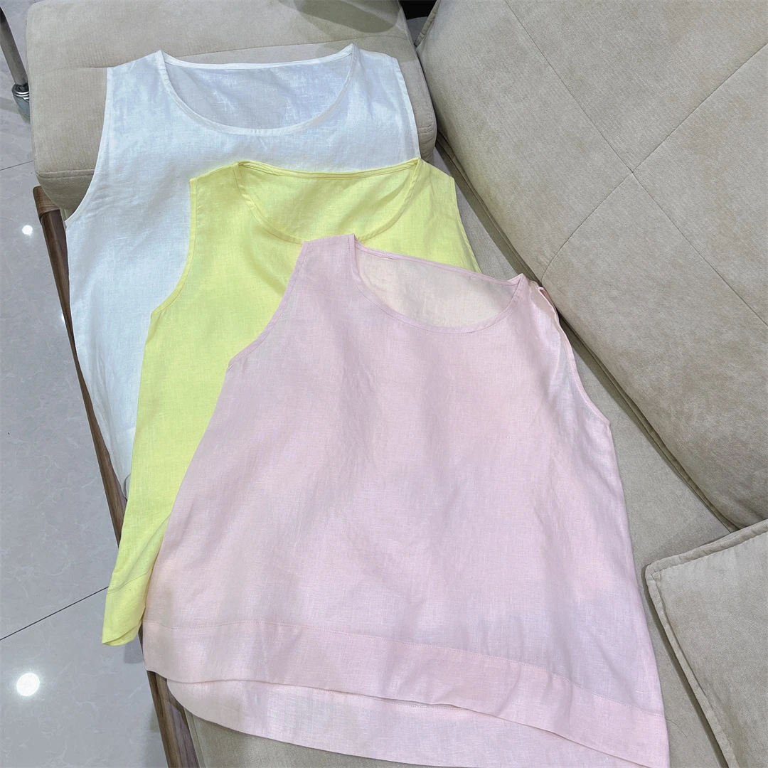 100支细亚麻纯色甜美背心T文艺简约上衣无袖打底