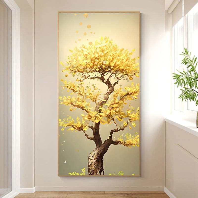 发财树玄关装饰画招财进门客厅壁画现代抽象入户走廊过道挂画竖版