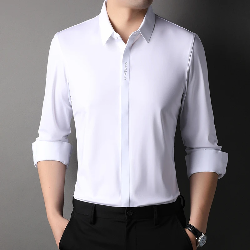 男士长袖纯色白色衬衣秋季双门襟高弹免烫职业免熨烫修身男款