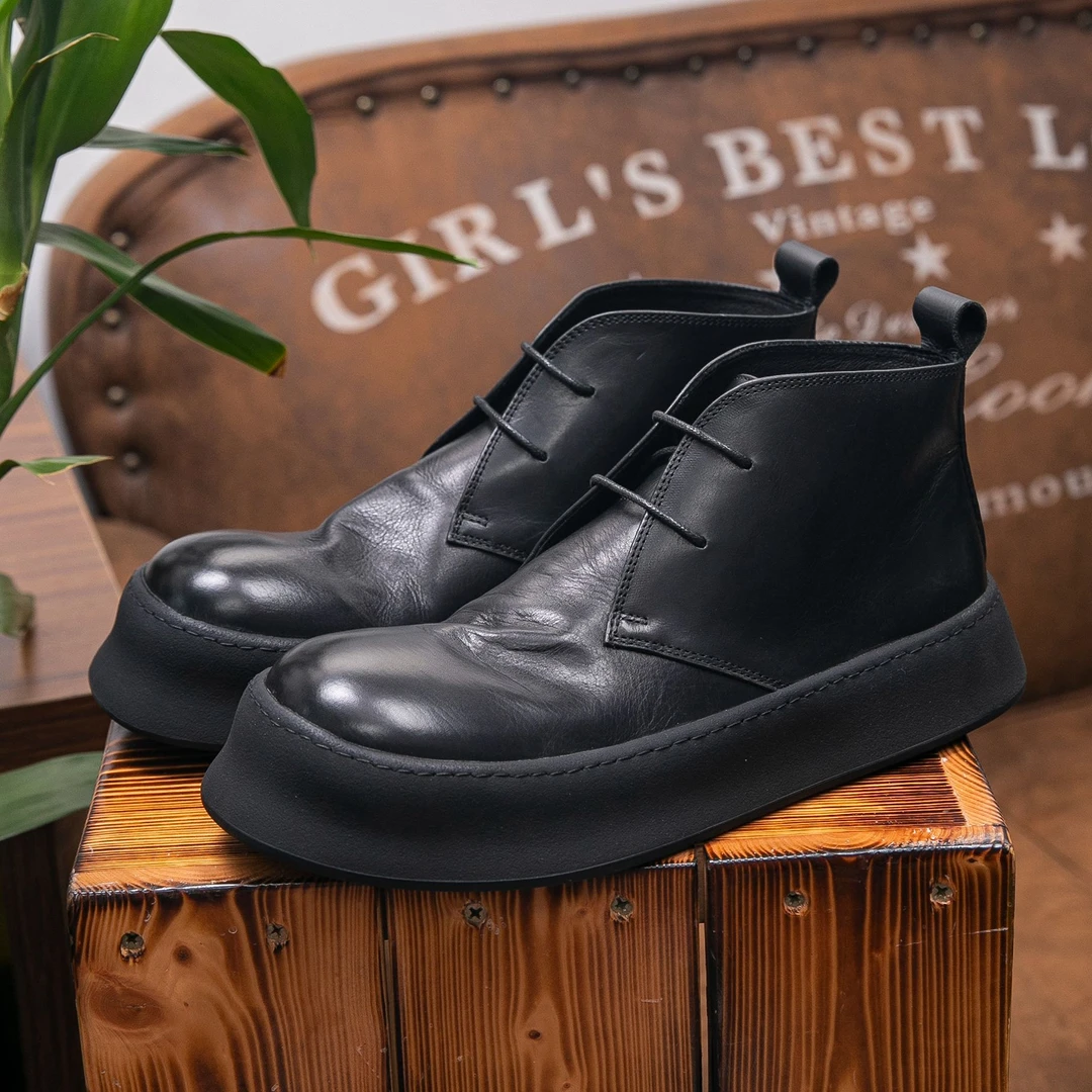 冬季保暖软皮马丁靴男款厚底工装靴复古大头休闲皮鞋加绒牛皮短靴