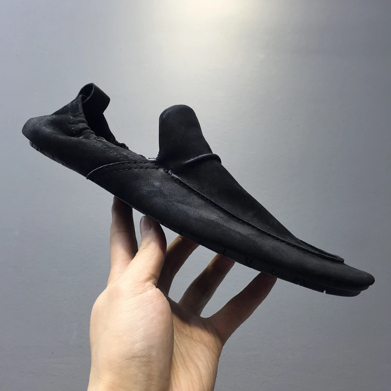 新款夏季透气懒人鞋日系复古休闲皮鞋软底真皮豆豆鞋一脚蹬驾车鞋