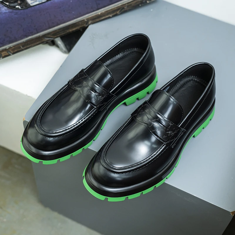 乐福鞋男夏季亮皮方头商务休闲皮鞋手工真皮一脚蹬厚底增高豆豆鞋