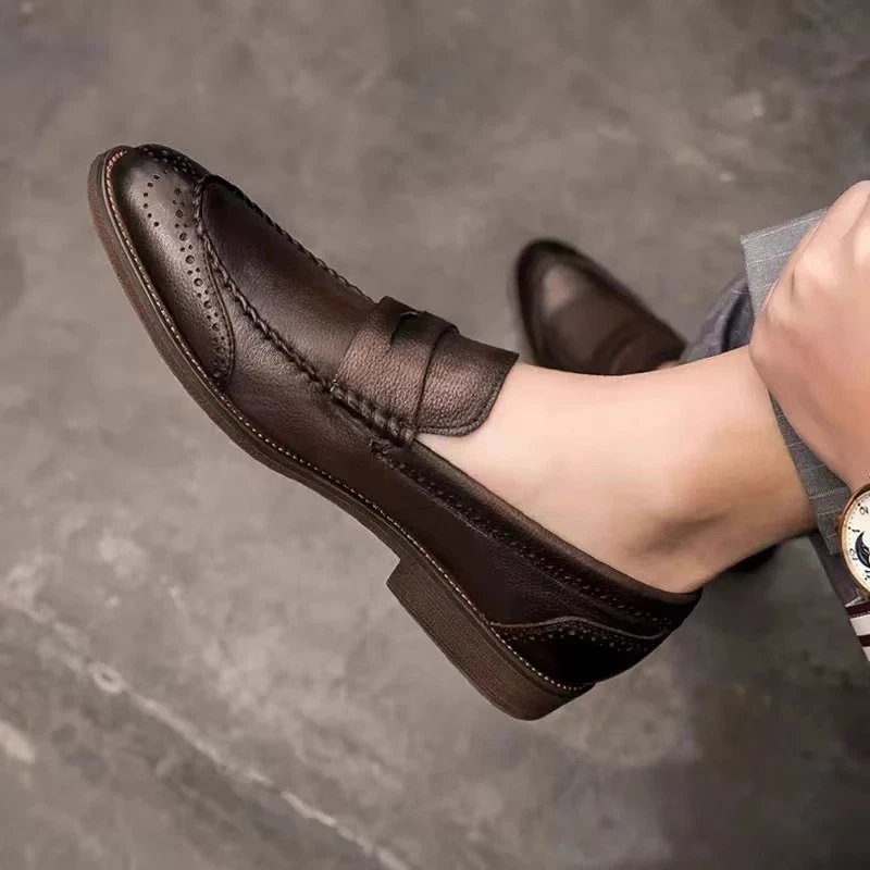 布洛克雕花皮鞋男真皮英伦风一脚蹬夏季透气商务正装男士休闲鞋潮