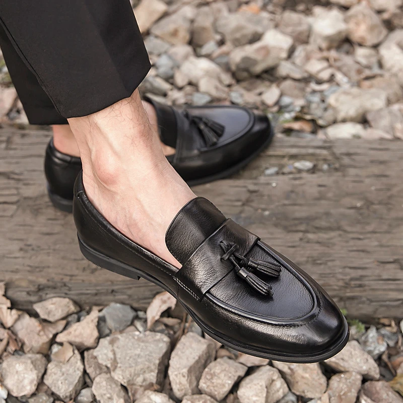 杨戬手工真皮英伦复古风小皮鞋春夏款休闲韩式流苏一脚蹬男豆豆鞋