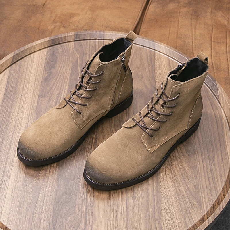 秋冬日系磨砂牛皮马丁男英伦复古反绒拉链厚底切尔西皮鞋