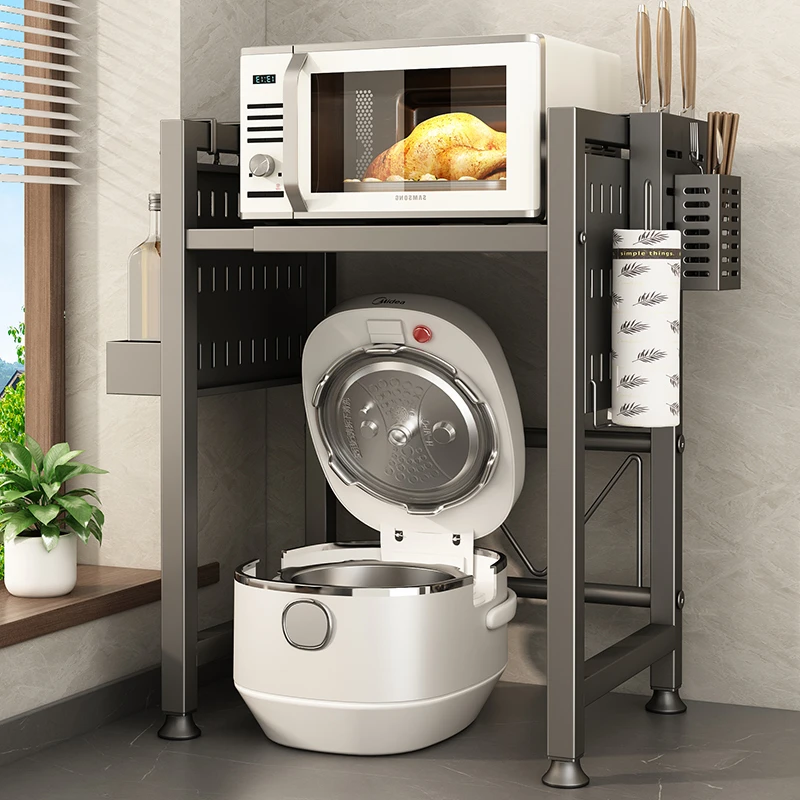 枪灰可伸缩电饭煲置物架厨房微波炉架子多功能台面空气炸锅收纳架