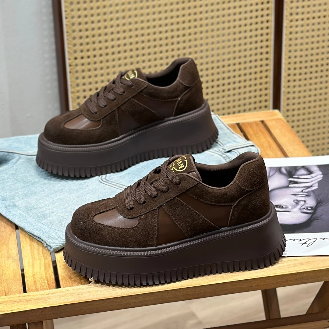 韩版厚底增高6cm复古板鞋女2025春季磨砂皮拼接松糕鞋系带休闲鞋