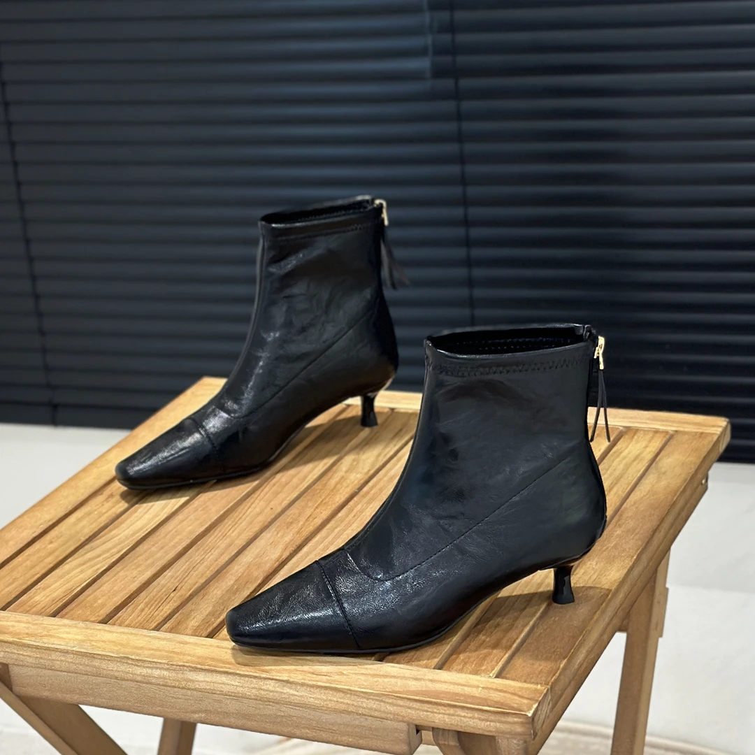 法式方头瘦瘦靴及踝靴2025冬季加绒后拉链短筒细跟女靴子气质短靴