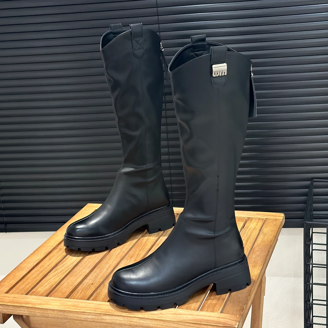 棕色长筒靴女2025秋冬新款V口不过膝高筒骑士靴后拉链小个子长靴