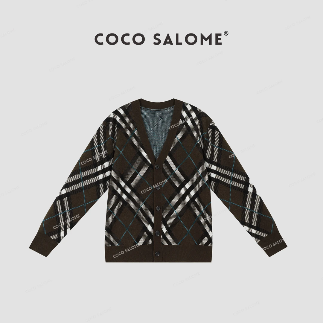 韩彬彬⑥【热可可】巴家复古羊经典秋冬洋气衣服女格纹V领开衫0118