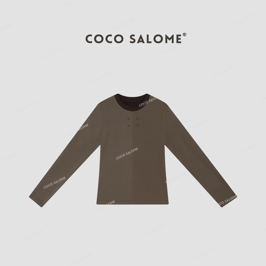 韩彬彬⑥【苦咖啡】时尚优可丝设计感拼色显瘦休闲内搭圆领长袖180H