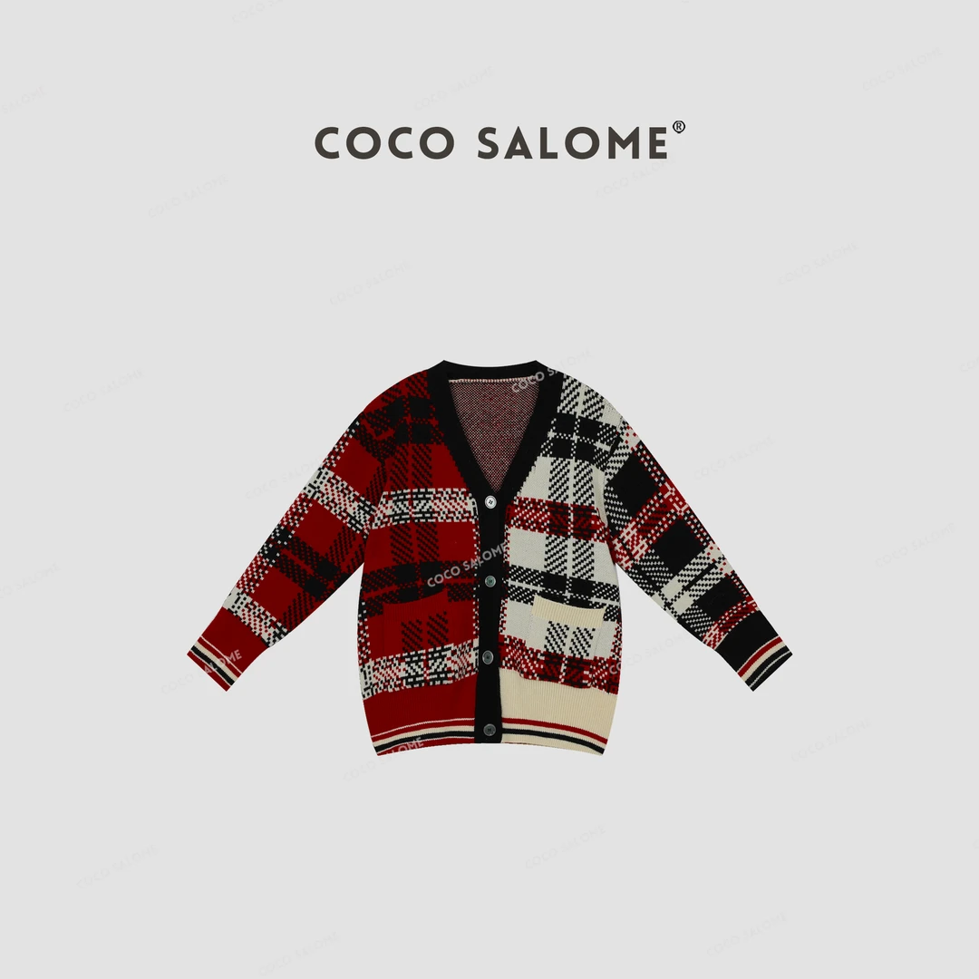 COCO SALOME⑥【格子毛衣】绵羊毛混纺V领英伦风休闲外套女毛衣0539