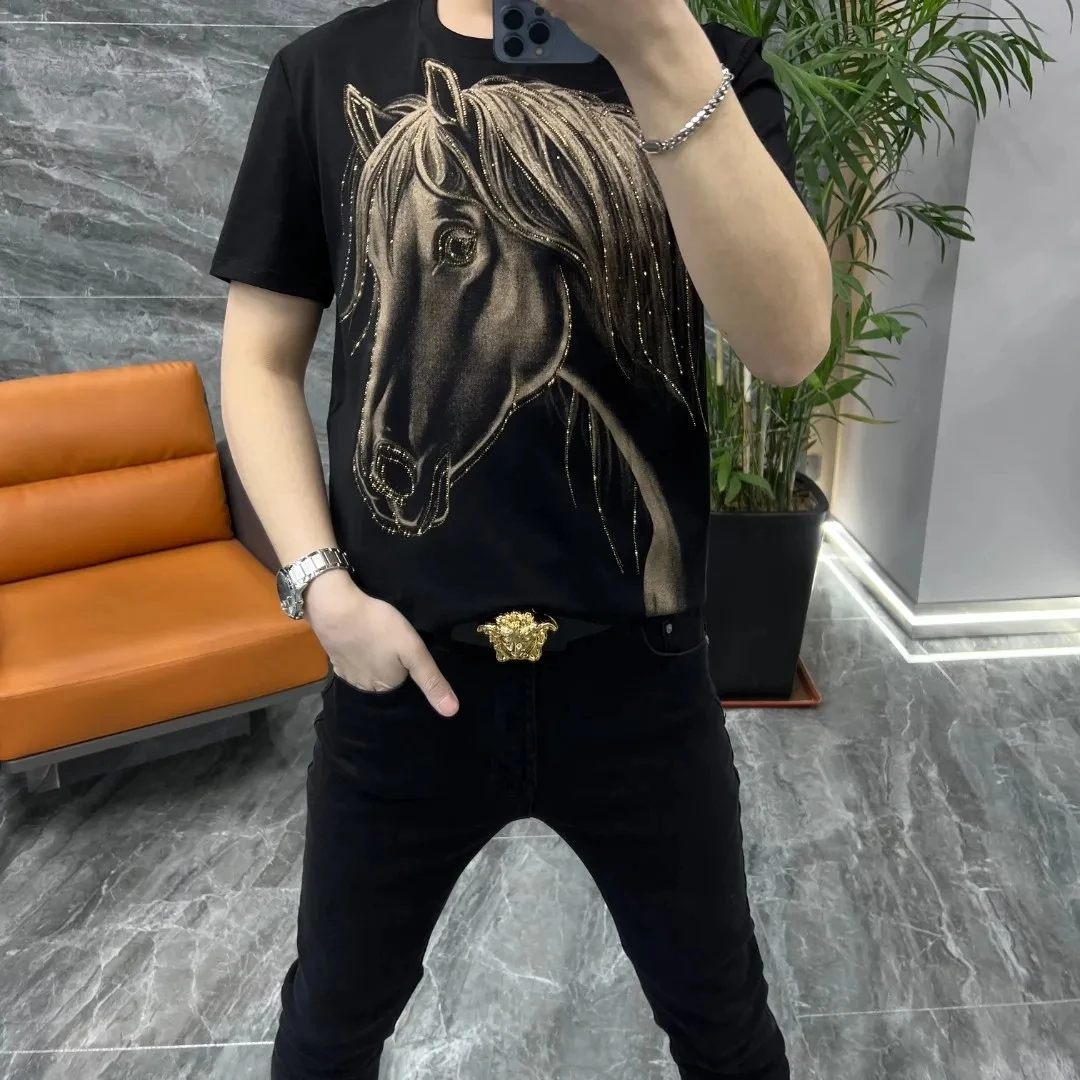 9363春夏季新款男士高级感百搭欧货大马T恤烫钻短袖潮牌时尚帅气