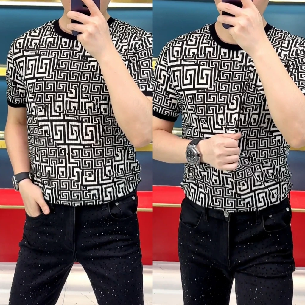 5091男士夏季薄款冰丝花色T恤衫透气时尚欧货打底衫凉爽舒适高弹