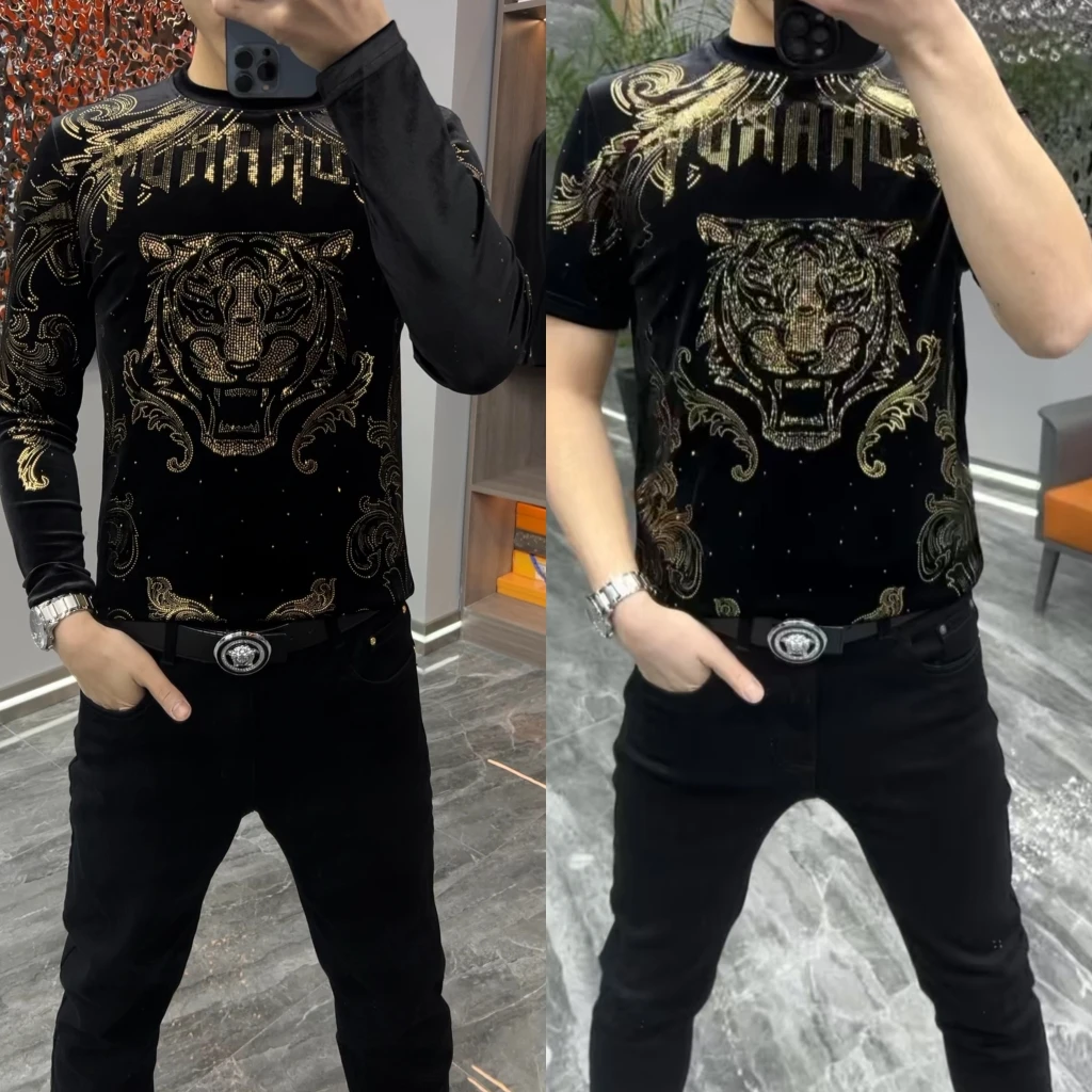 6306秋冬新款欧货潮流修身烫钻男士金丝绒T恤精神小伙网红圆领