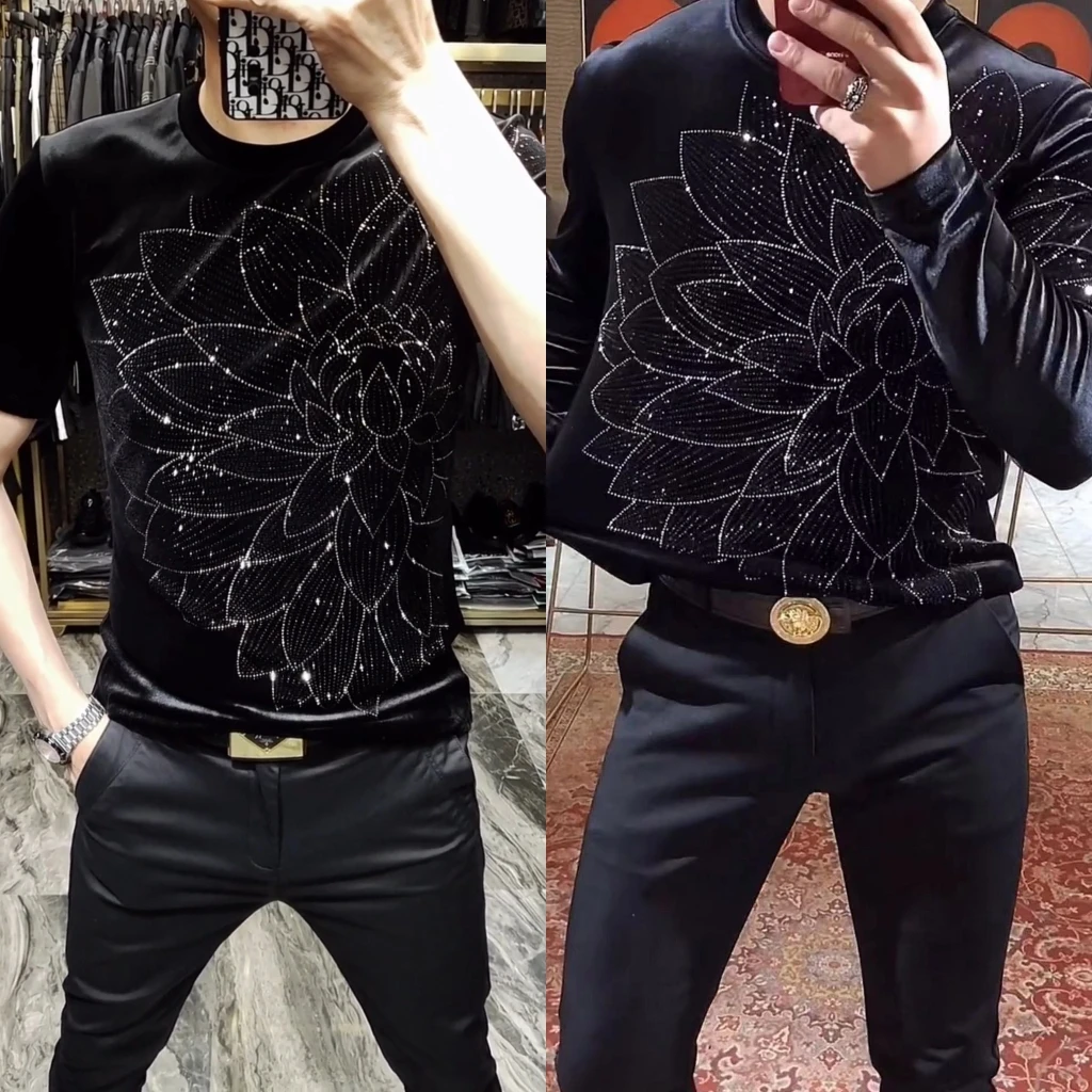 秋季新款高品质欧货男装商务休闲丝绒圆领短袖长袖T恤小衫修身