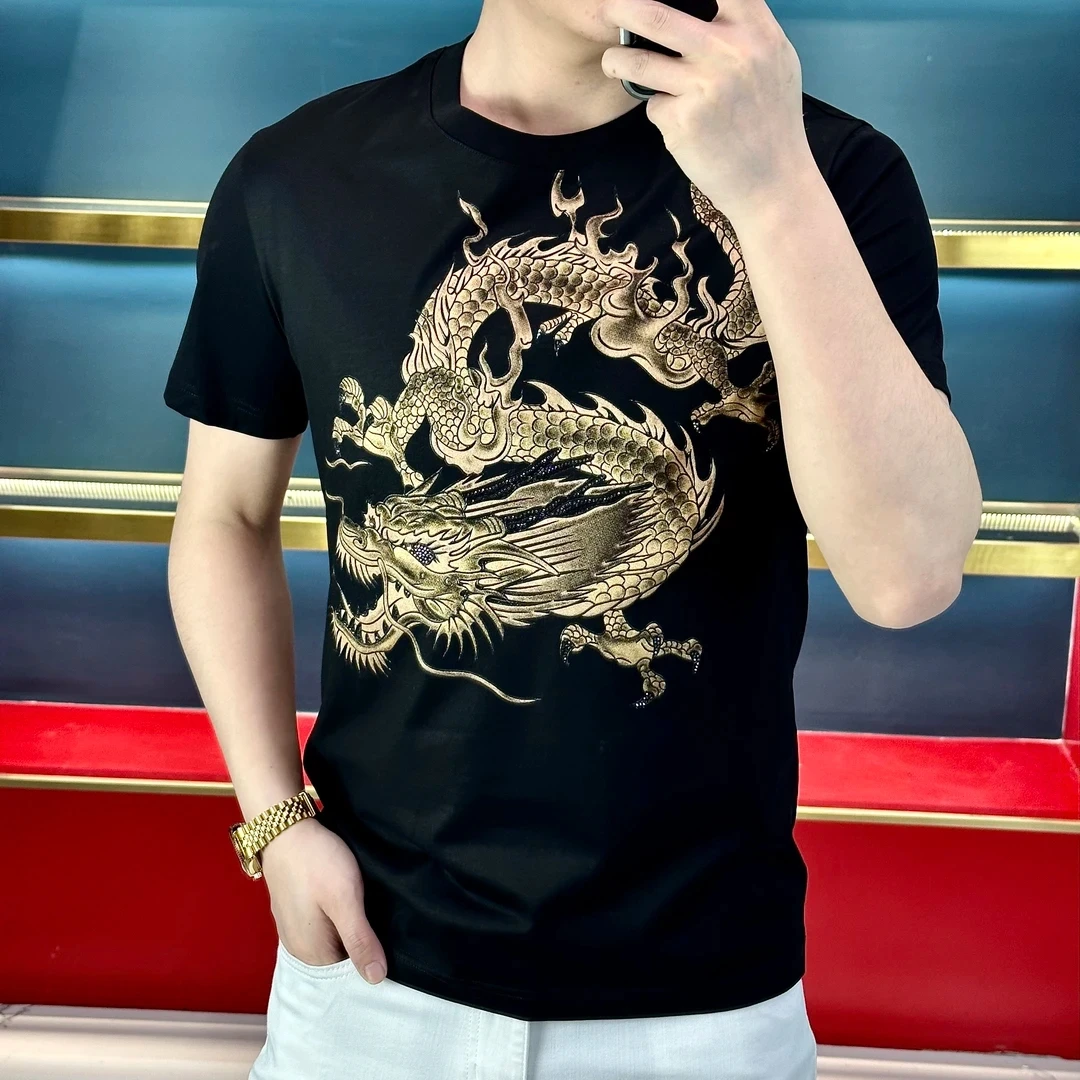 23068欧货夏季新款个性烫钻圆领短袖条纹男士修身中国龙男士外套