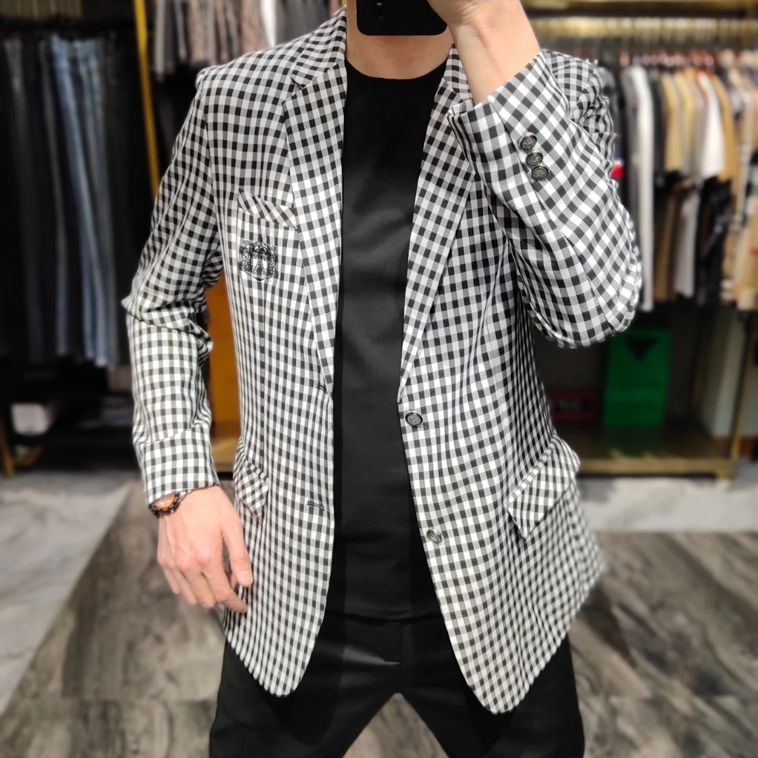 1323男士春秋季格子西服休闲时尚简约修身百搭高级感商务欧货帅