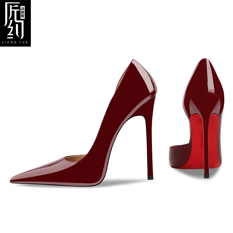匠约25年新款漆皮酒红色侧空红底超高跟鞋女细跟尖头性感宴会单鞋