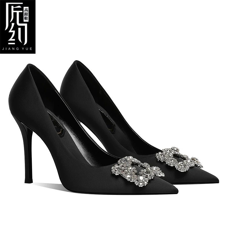 2024新款绸缎黑色水钻方扣宴会名媛绝美高跟鞋女细跟尖头大码单鞋