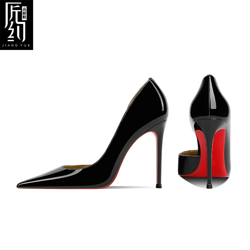 匠约25年新款黑色漆皮侧空红底高跟鞋女细跟尖头浅口性感宴会单鞋