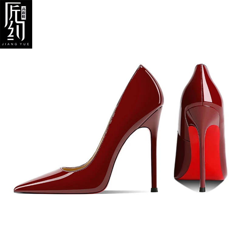 匠约25年新款漆皮酒红色红底高跟鞋女细跟尖头浅口款性感宴会单鞋