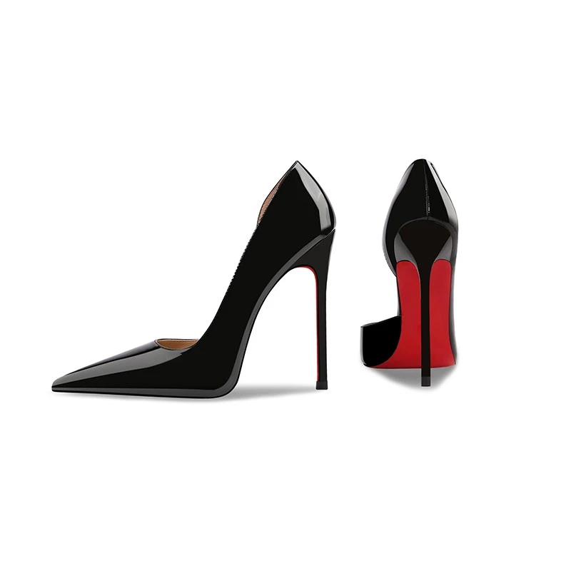 匠约25新款黑色漆皮侧空红底超高跟鞋女细跟尖头浅口性感宴会单鞋