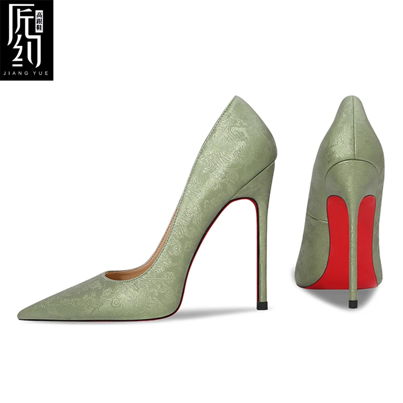匠约2024秋冬新款绿色高级国风绸缎配旗袍礼服婚礼晚宴细跟高跟鞋
