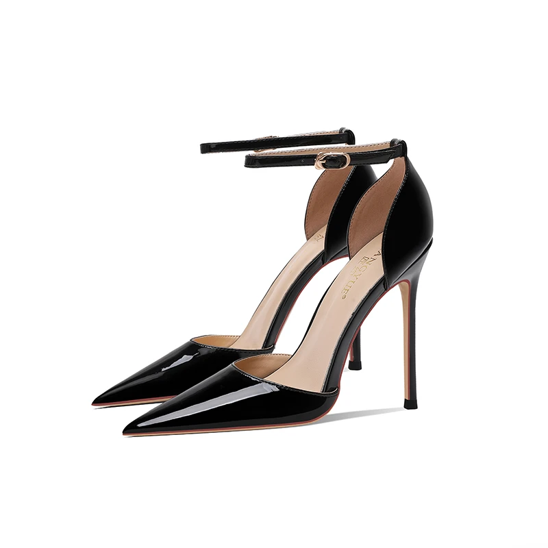 匠约一字扣带黑色漆皮红底中空尖头细跟高跟鞋女2024春夏性感12cm