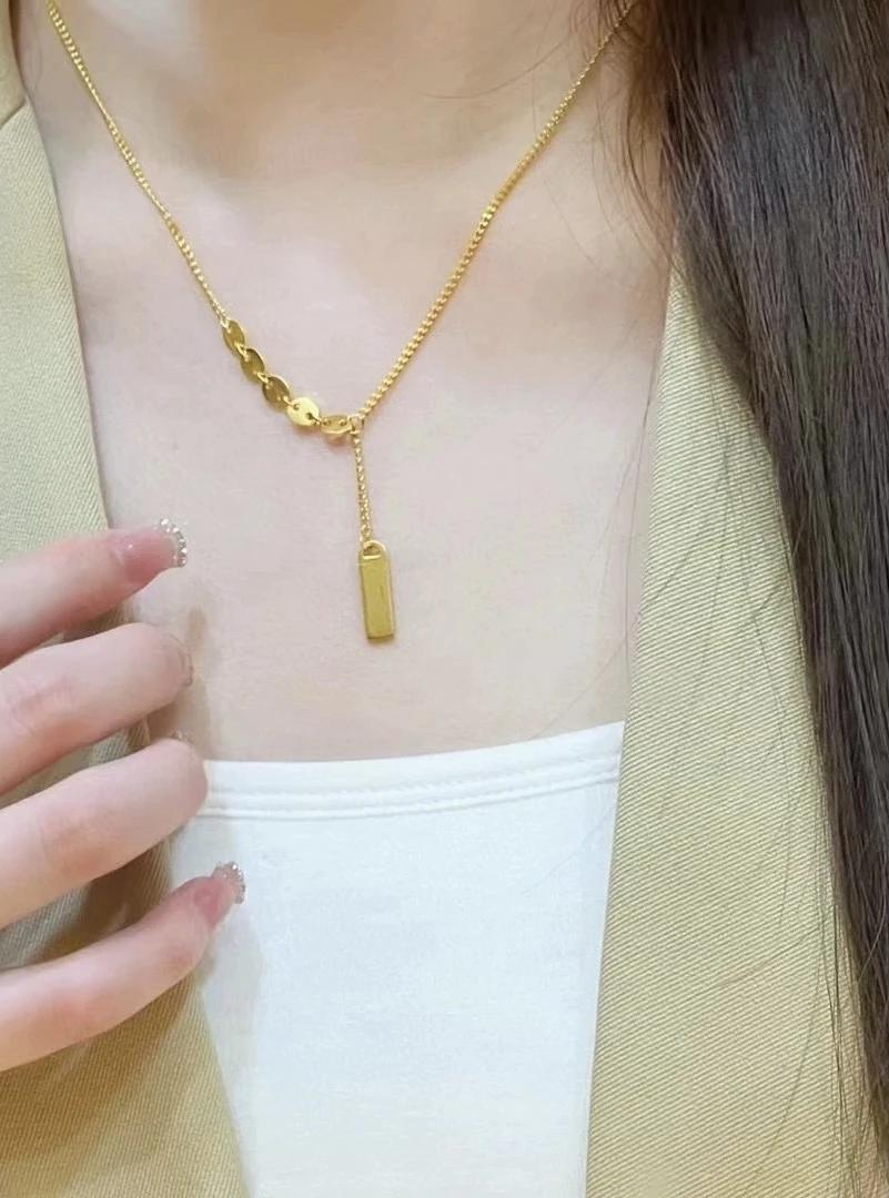 5G轻奢百搭新款个性小众可调节足金999无事牌上上签项链
