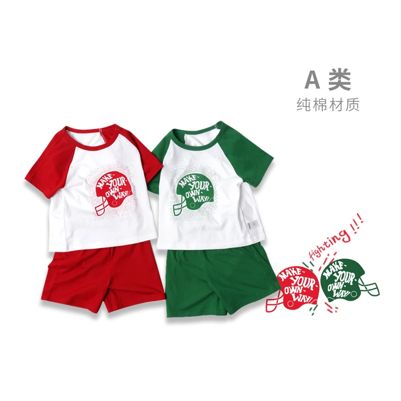 外贸美版纯棉男中童夏季短袖T恤短裤运动套装加大柔软亲肤偏薄A类