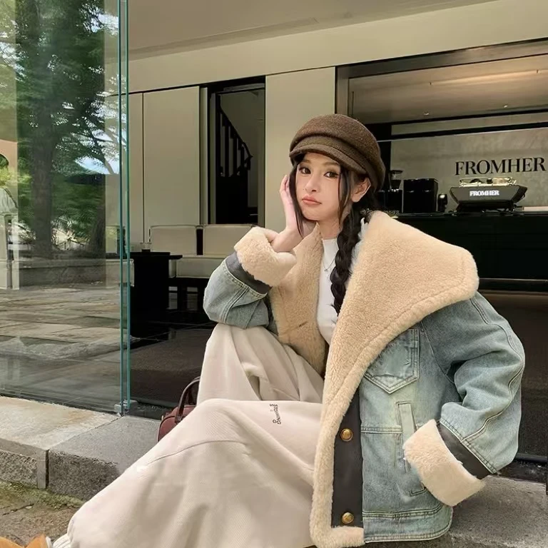 Y66853-毛毛拼接外套女年轻款牛仔派克服女外套