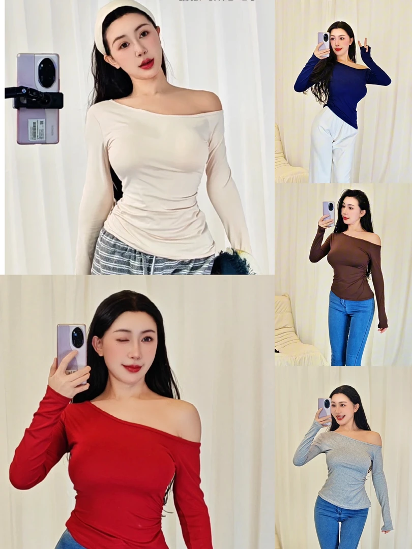 燃燃家纯欲辣妹斜肩修身显瘦露肩长袖T恤女秋冬小众百搭性感上衣