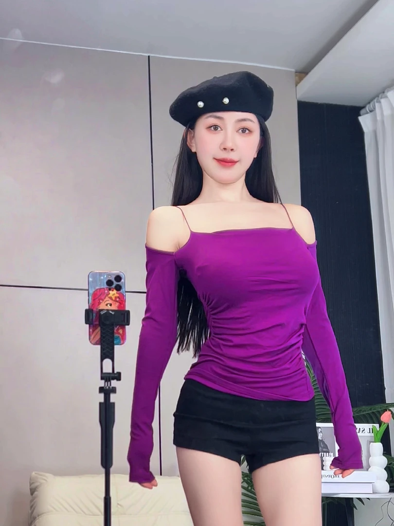 燃燃家 一字肩褶皱紫色长袖T恤法式修身显瘦内搭秋冬打底衫上衣