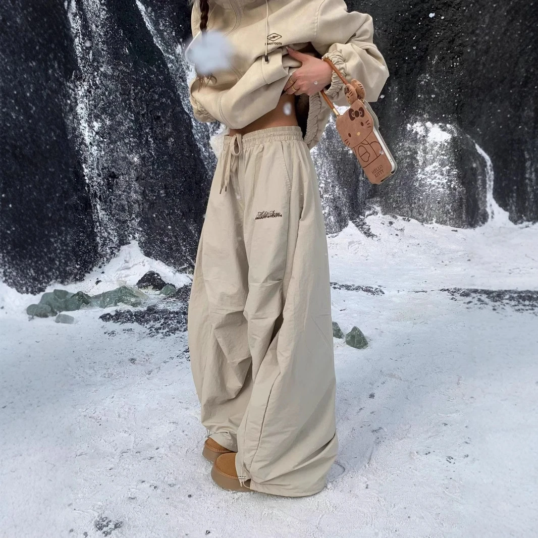 燃燃家加绒保暖美式褶皱弯刀裤女2024秋冬松紧腰宽松慵懒阔腿长裤