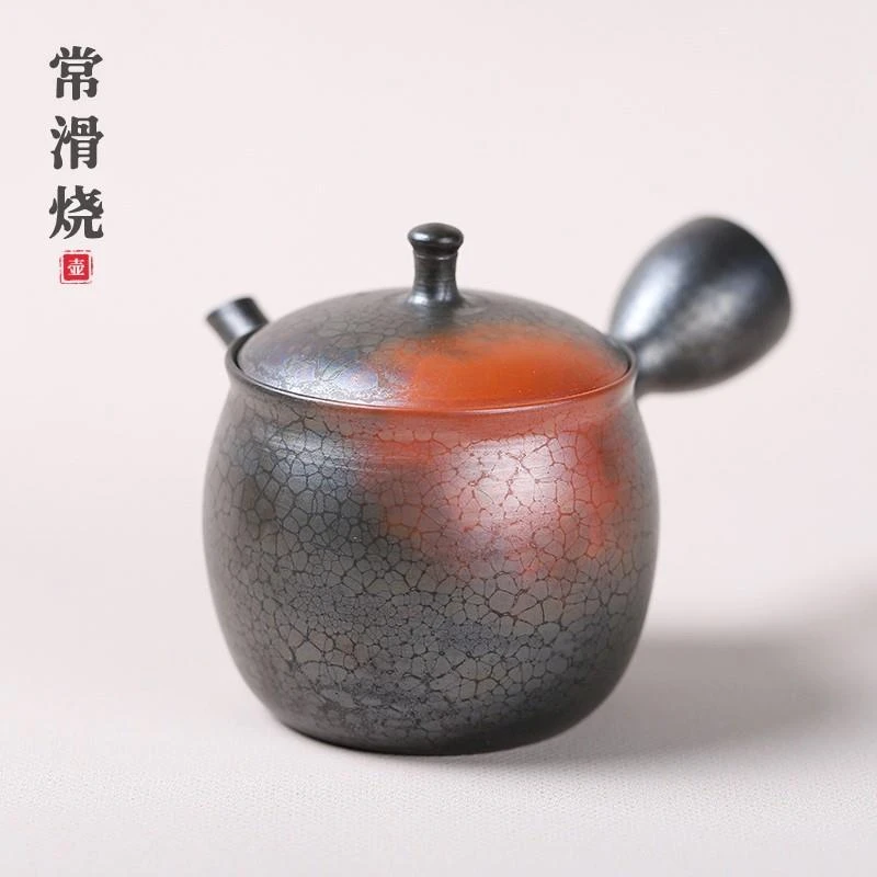 日本进口全手工侧把壶陶 昭龙窑左手朱泥天目釉日式茶壶