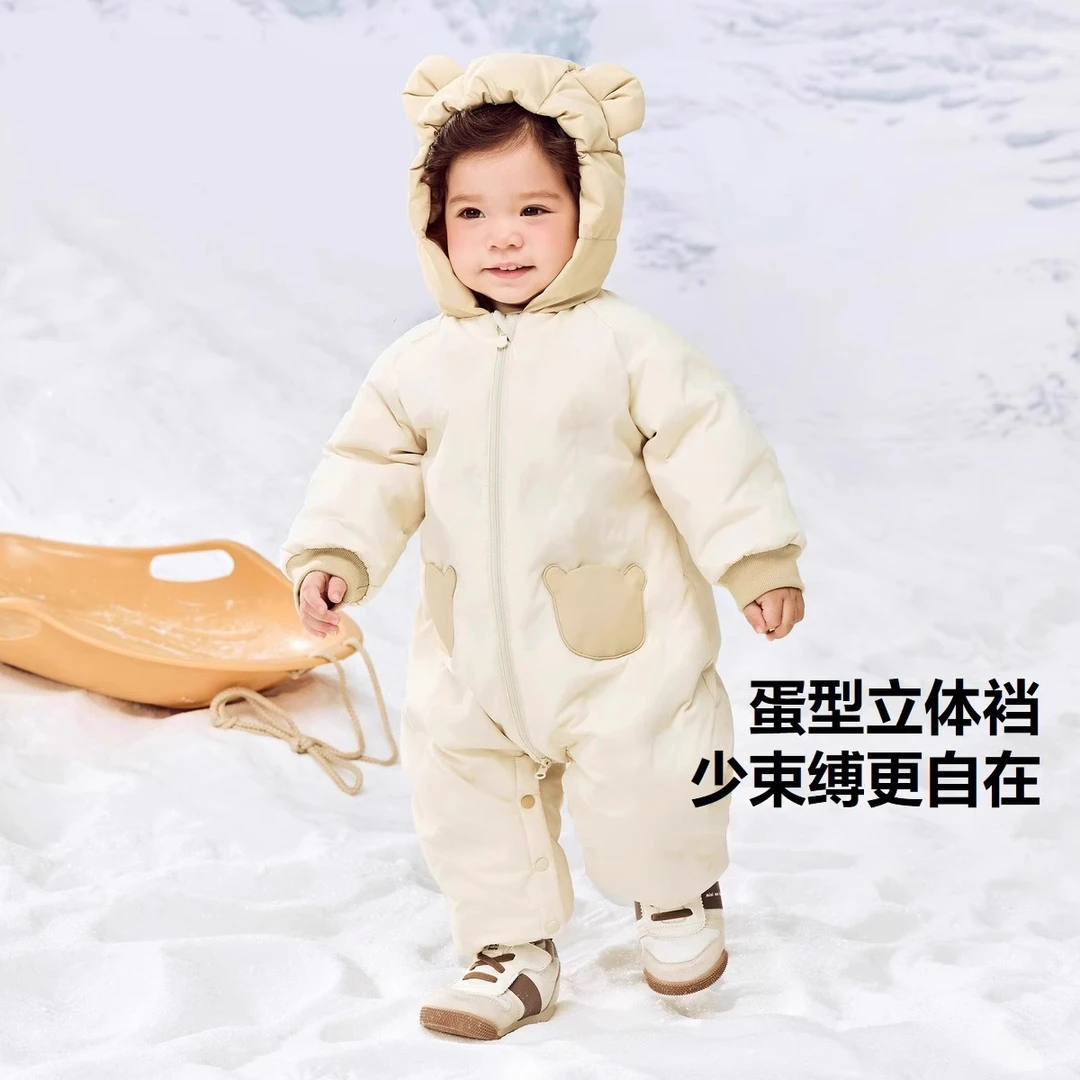 婴儿连体羽绒服保暖加厚冬季2024新款热印宝宝羽绒连体衣外穿爬服