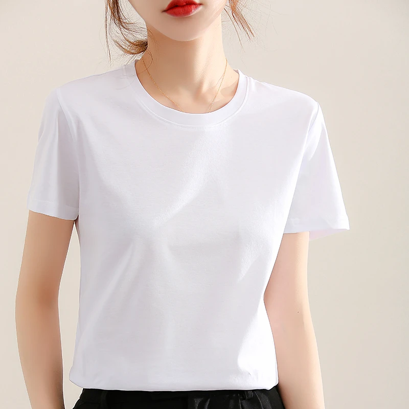 【100%丝光棉】高支短袖t恤女宽松显瘦圆领春夏新款透气纯色大码