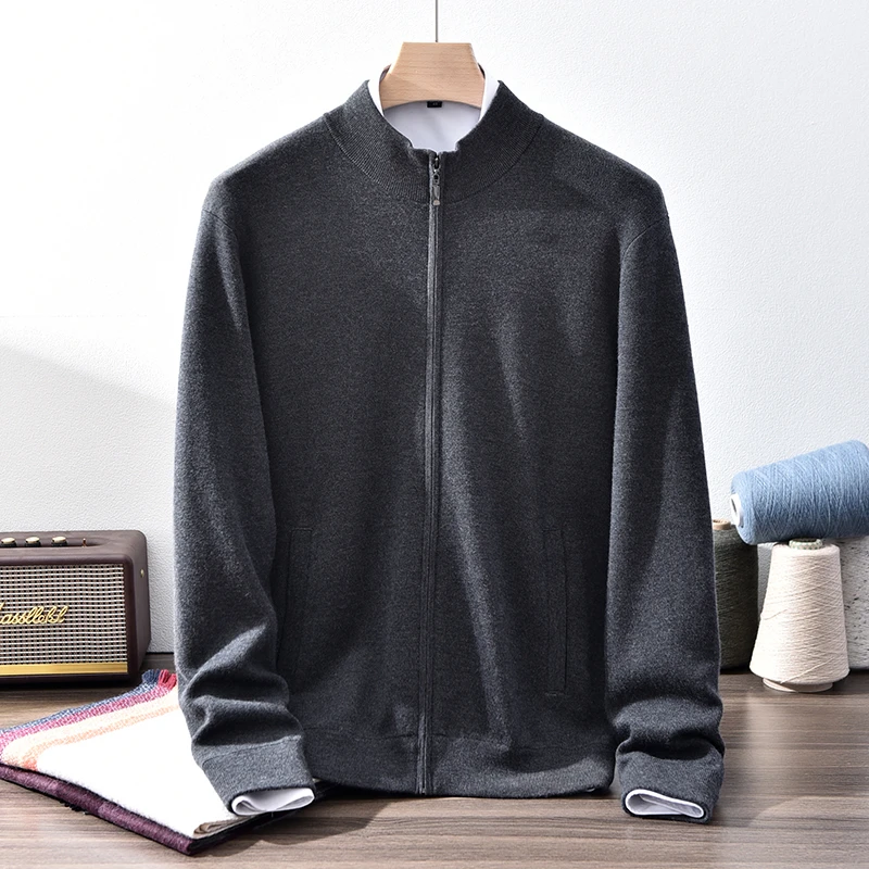 68支精纺加厚带兜100纯山羊绒衫男士半高领拉链开衫长袖纯色款