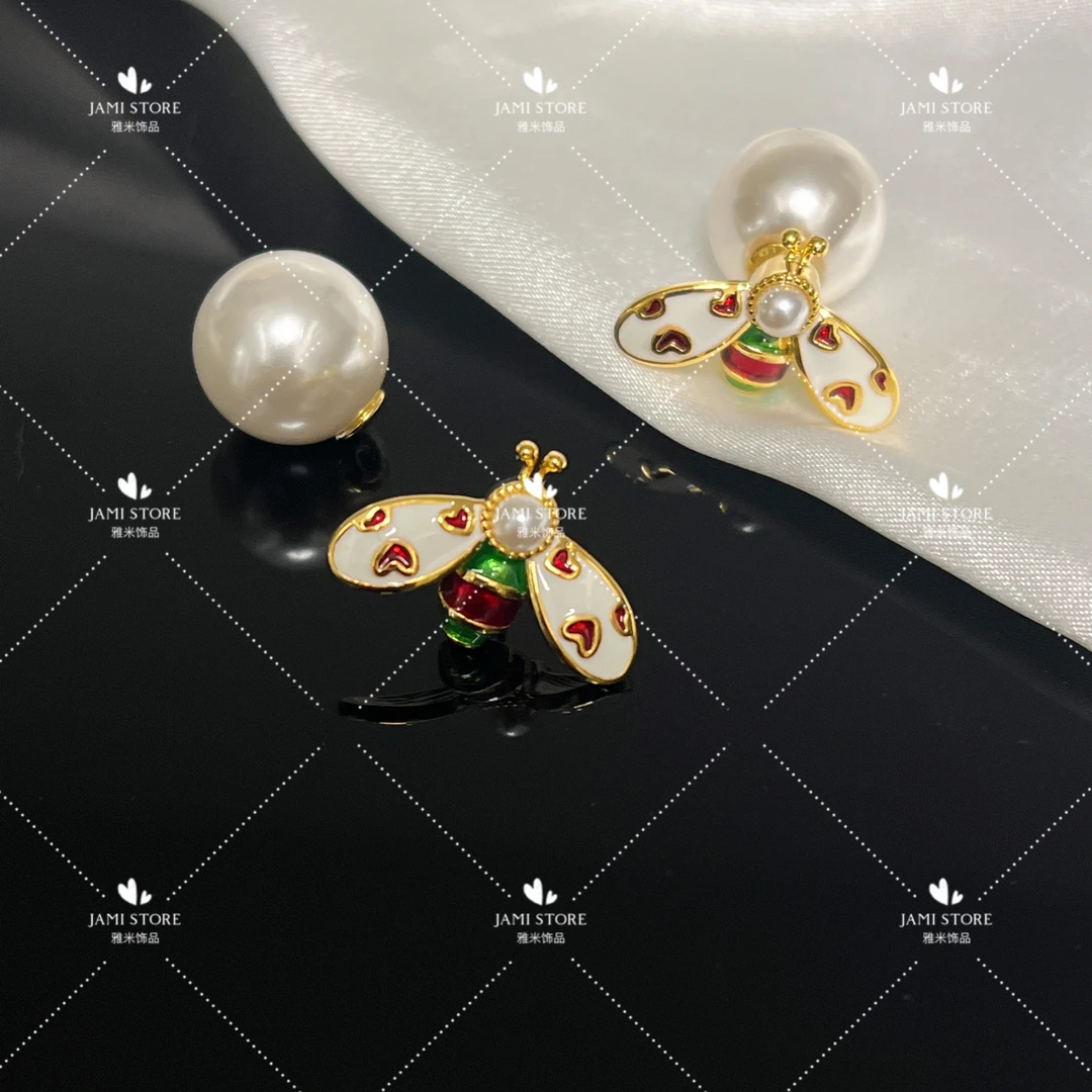 铜合金珐琅耳饰 【雅米】油画蜜蜂珠珠耳环复古甜美彩色小众感气质