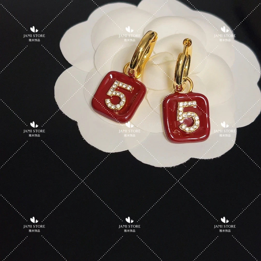 铜合金莫桑石耳饰 【雅米】红色方块数字吊坠耳环法式复古设计小众