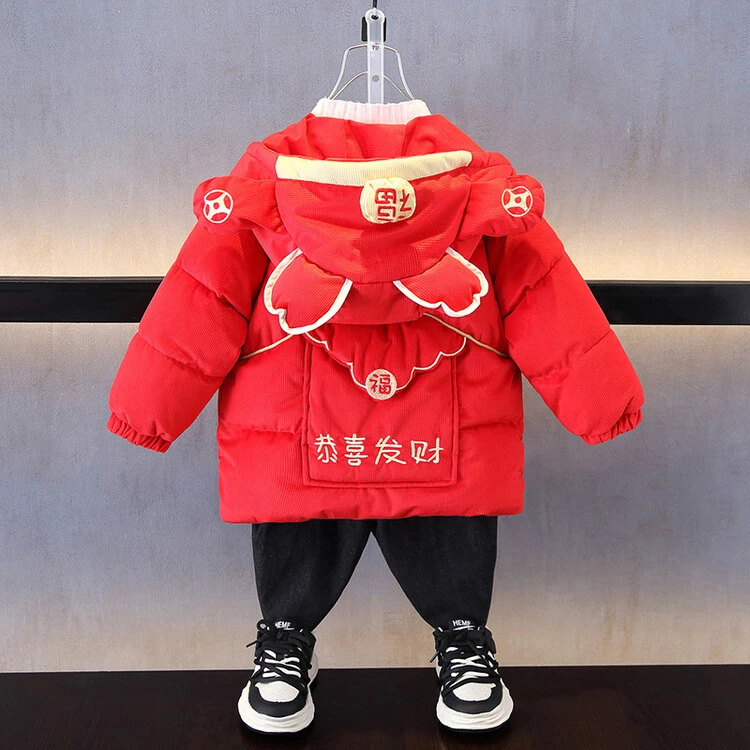 男童拜年服宝宝唐装棉衣女童2024龙年汉服中国风男孩抓周红色棉服