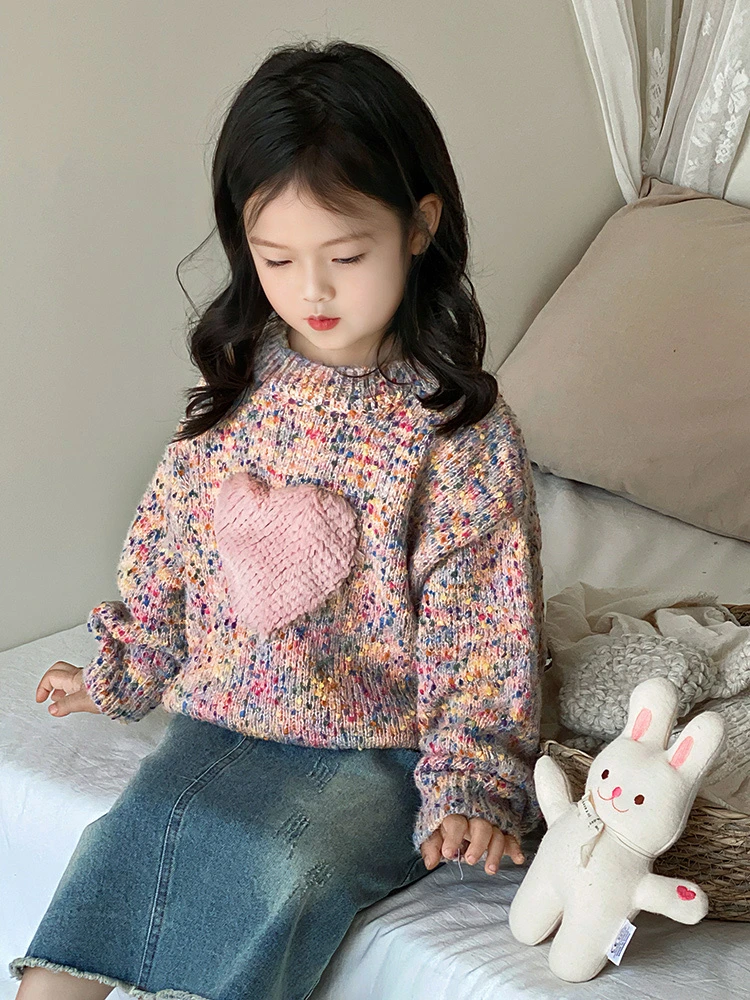 韩系童装爱心毛衣小女孩时髦冬季儿童彩色针织衫上衣女童针织衫