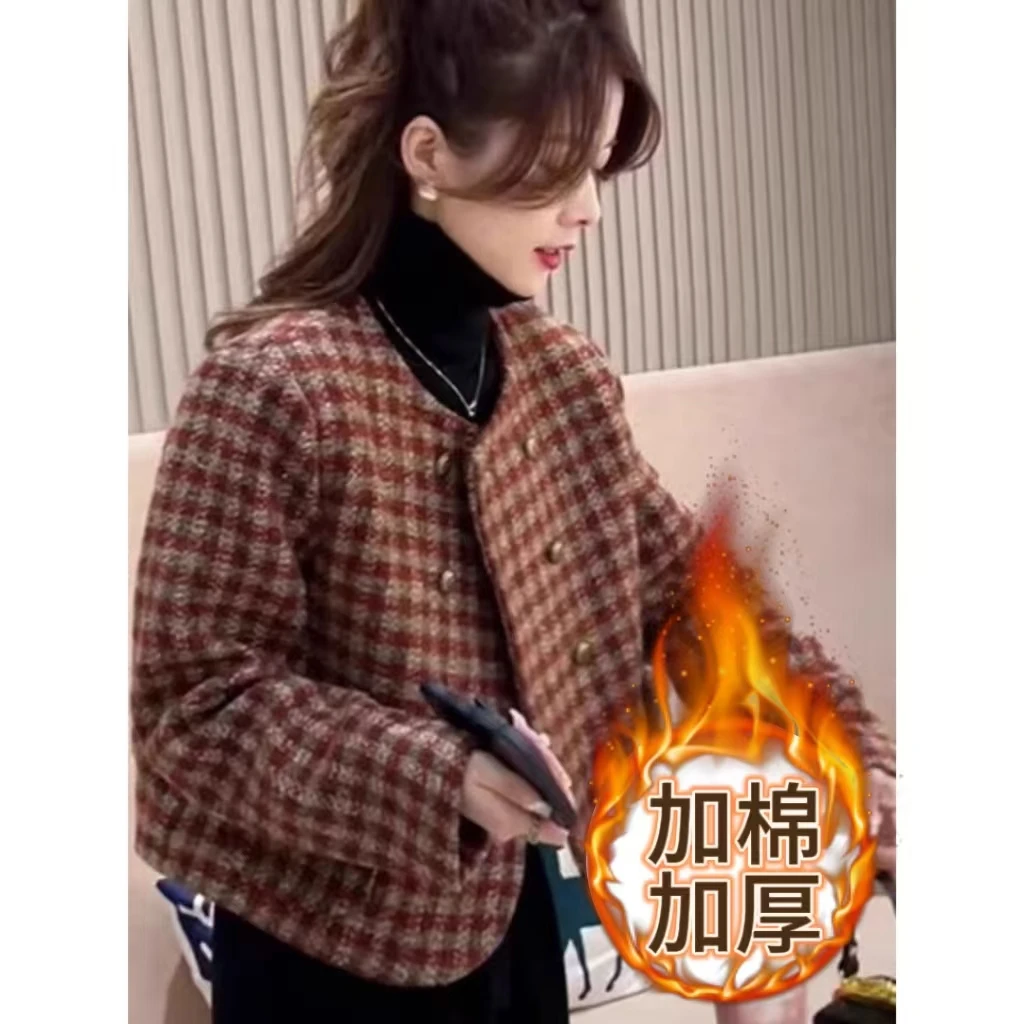 加棉小香风格子短款外套女2024秋冬长袖圆领双排扣韩版百搭上衣