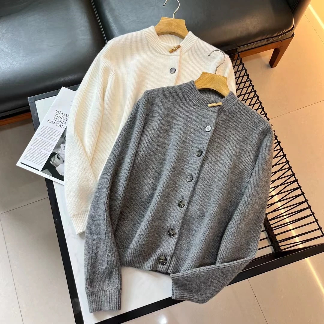 云朵定制 简约圆领竹节斜门襟排扣针织毛衣开衫女 外套GA09