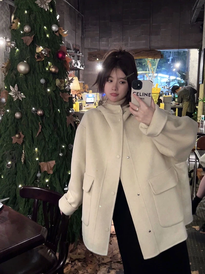 NGGAI 2024秋冬新款韩版减龄宽松显瘦连帽短款呢子大衣外套