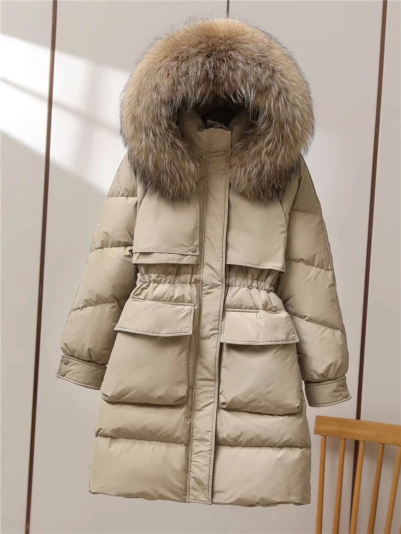 真貉子大毛领90白鸭绒羽绒服女中长款过膝2023年新款加厚冬装外套