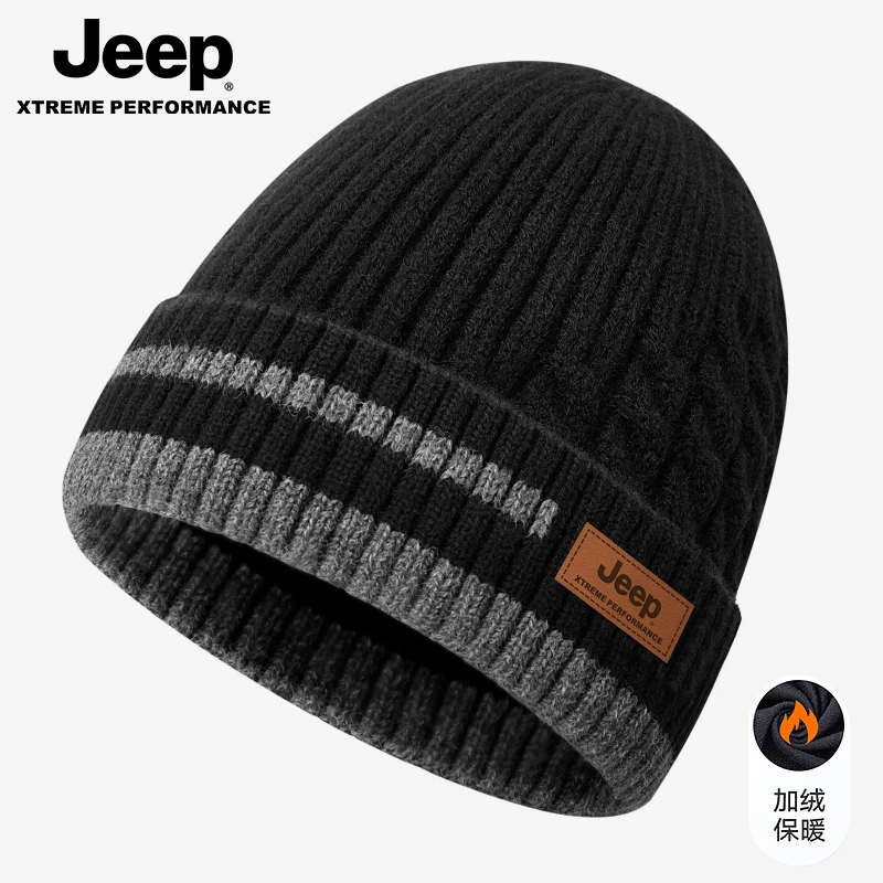 JEEP/吉普黑色针织帽时尚户外百搭防风韩版秋冬季加绒加厚男女款