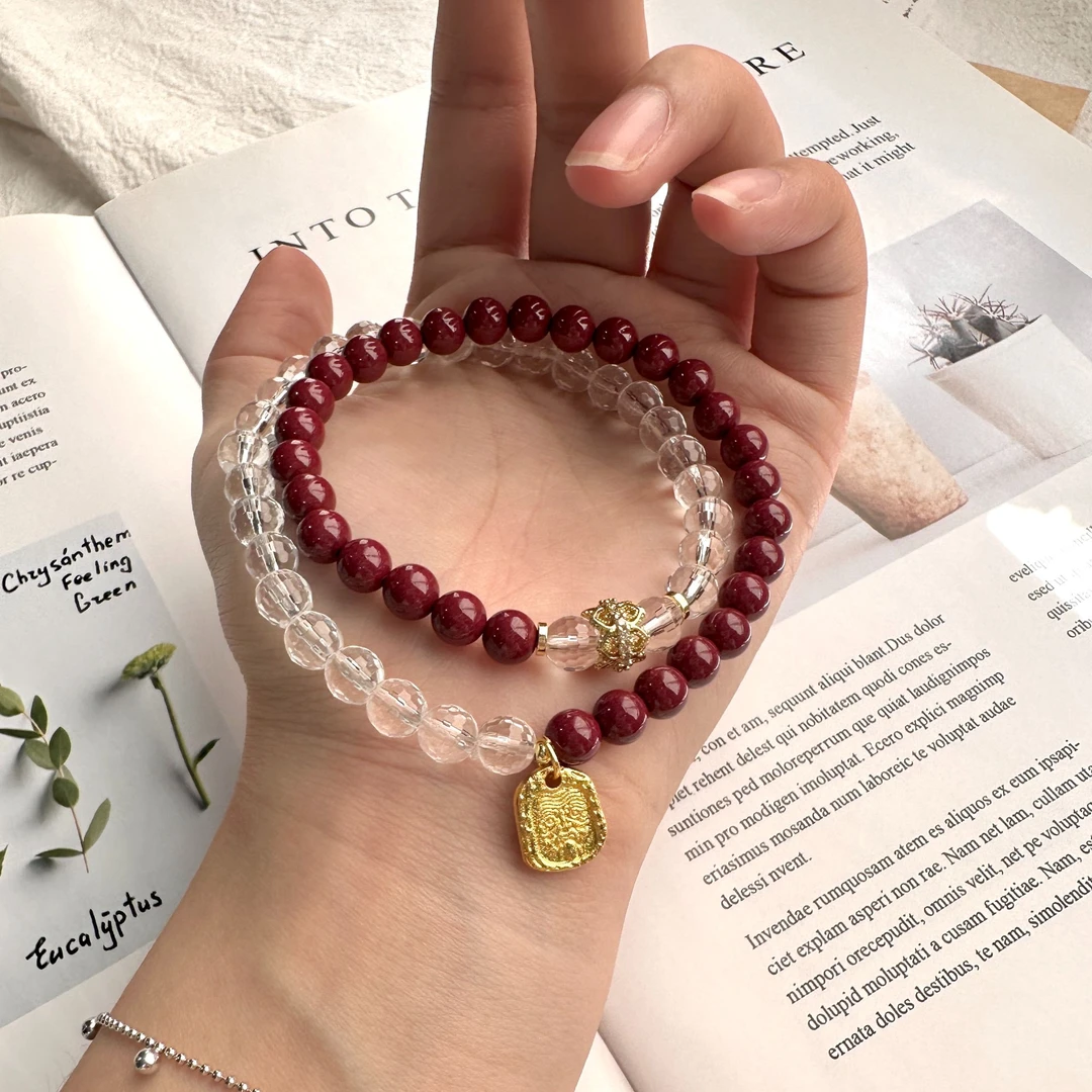 【喜饰原创 烟雨轻红】6mm切面白水朱砂手链 020 天然微瑕介意勿拍